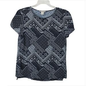 H&M Women's Dark Blue White Short Sleeved Patterned Side Slit Blouse Top Size 2